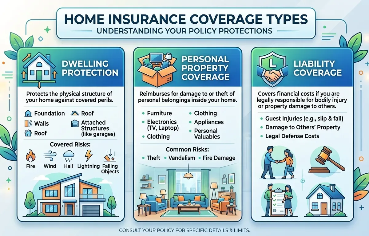 Home insurance coverage types infographic showing homeowners, renters, landlord, and personal insurance options