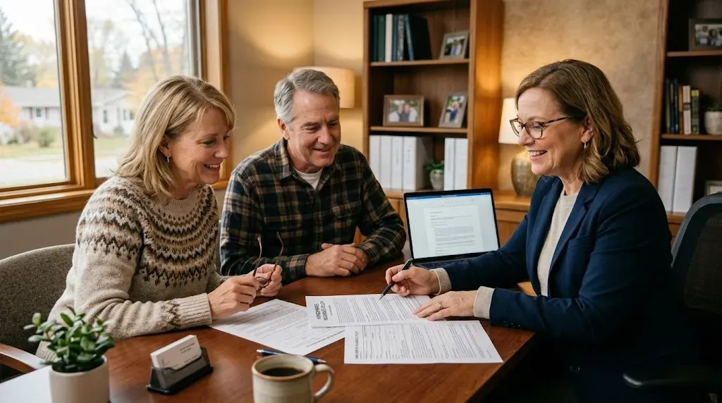 Local insurance agent reviewing home insurance policy documents with a homeowner couple at a desk