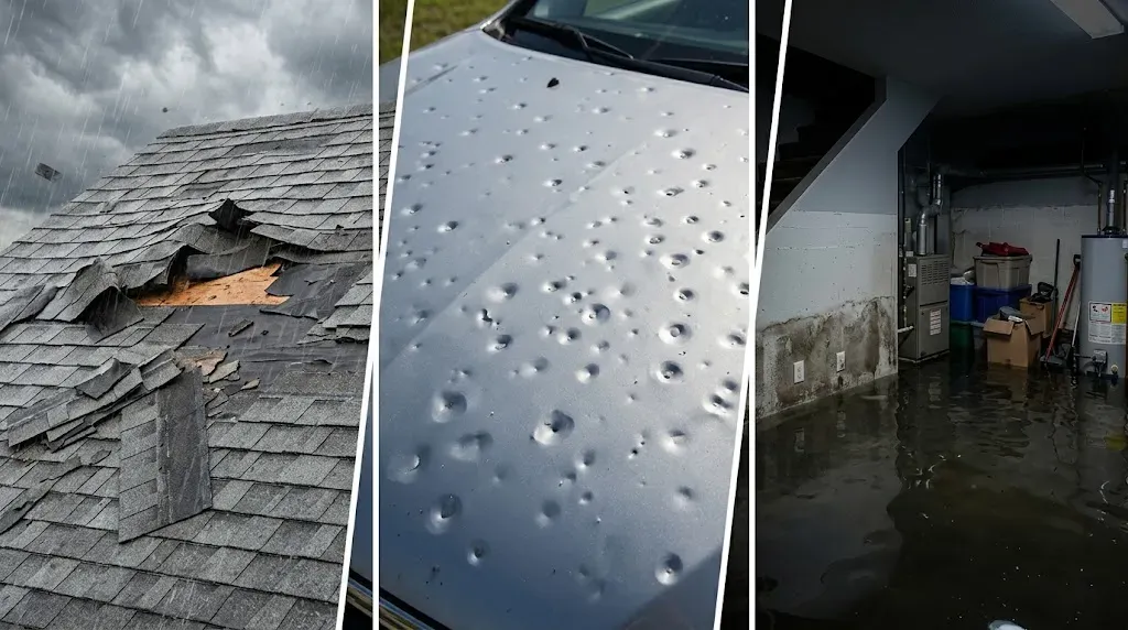 Visual showing three types of storm damage to a home: wind damage, hail damage, and water flooding